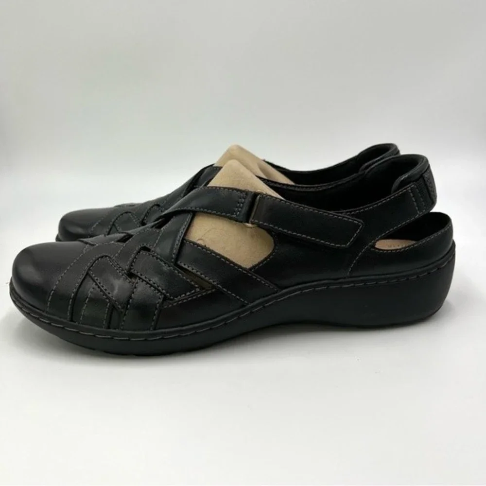 Clarks Size 9 Cora Dream Black Leather Fisherman Style Casual‎ Comfort Shoes